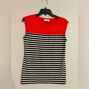Calvin Klein Women’s Top Red Black and White Stripes Soft Flowy